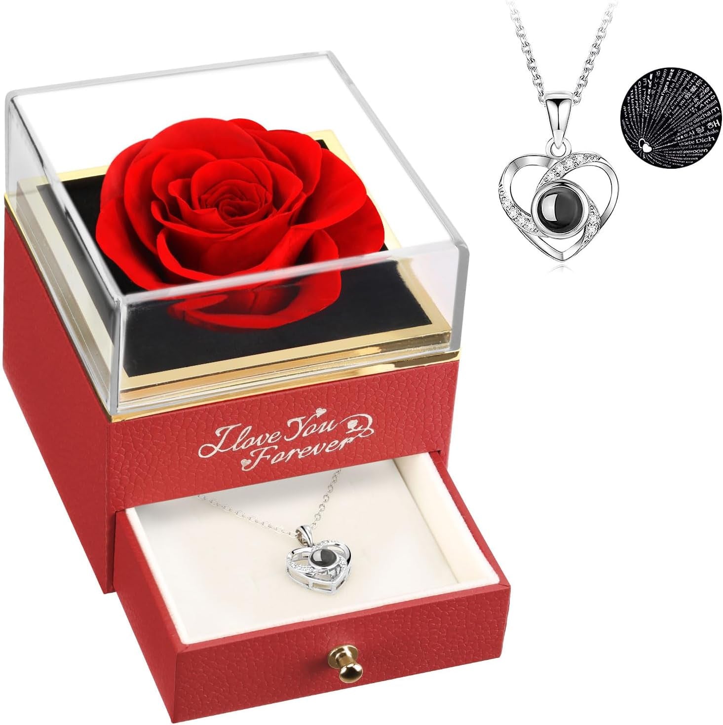 Preserved Flowers Real Red Rose with I Love You Necklace - Eternal Rose Gifts for Her at Valentine'S Day, Anniversary or Birthday Gifts for Women