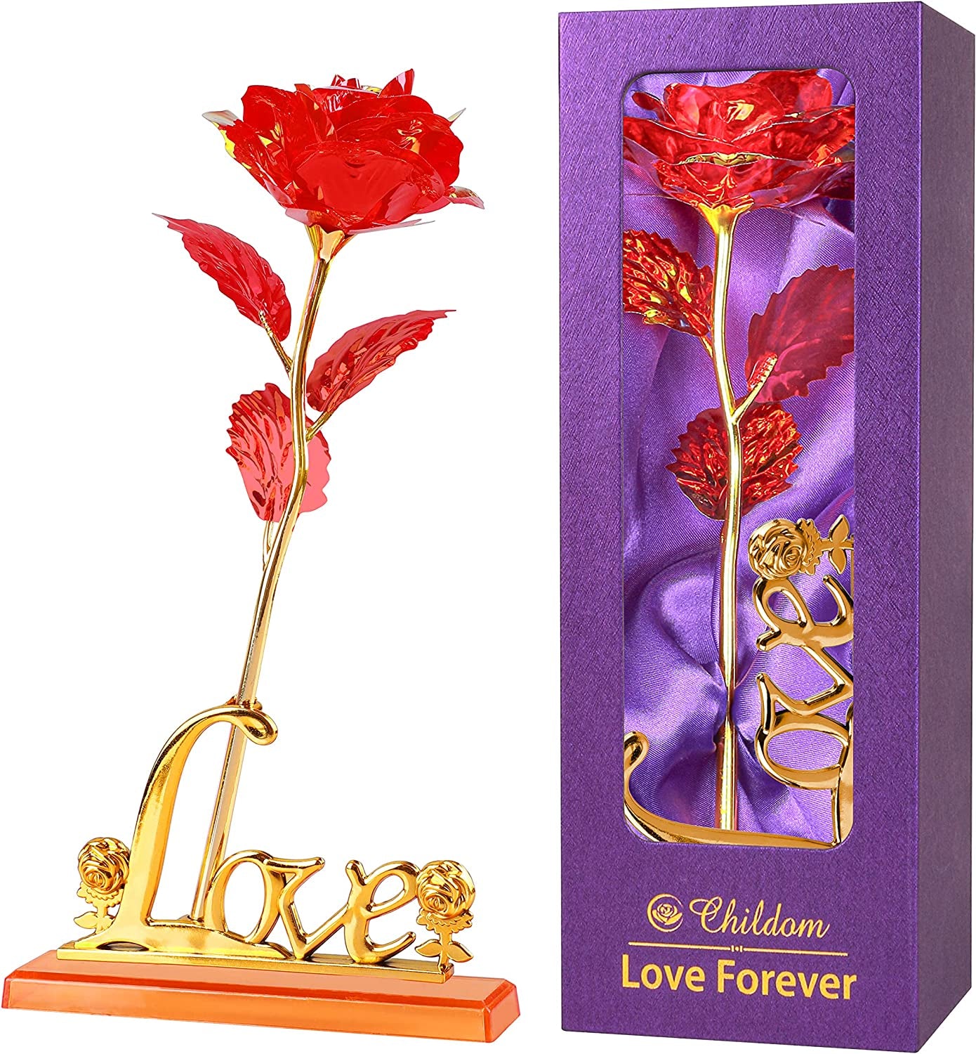 Valentines Day Rose Gifts for Her,Birthday Gifts for Women,Mothers Day Flowers Gifts for Mom,Red Artificial Flower Present with Love Stand for Wife,Grandma,Daughter,Birthday,Anniversary