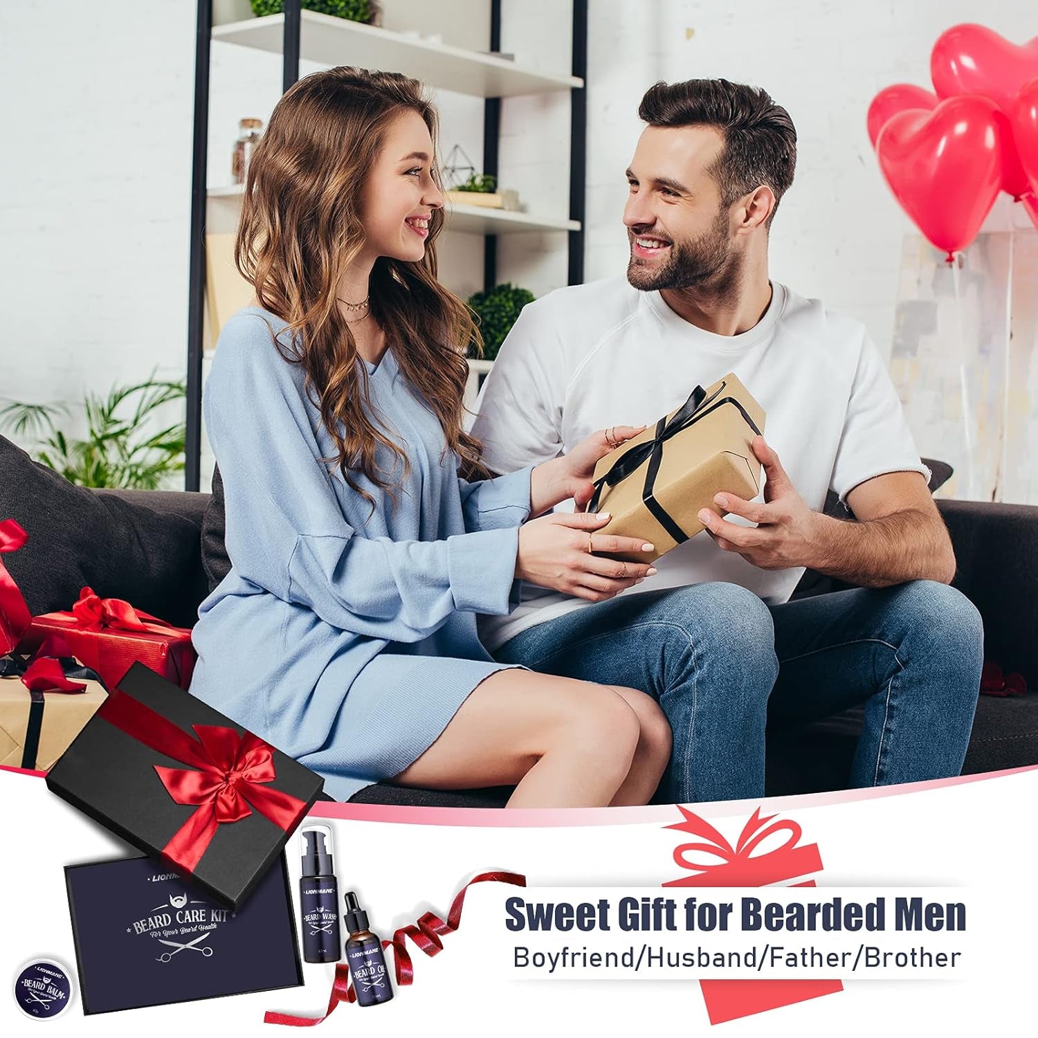 Valentine'S Day Beard Care Gifts Kit for Men, Beard Mustache Grooming Kit -Beard Balm, Beard Wash, Beard Oil, Brush, Scissors, Birthday Anniversary Daily Gifts for Husband/Boyfriend/Dad/Him