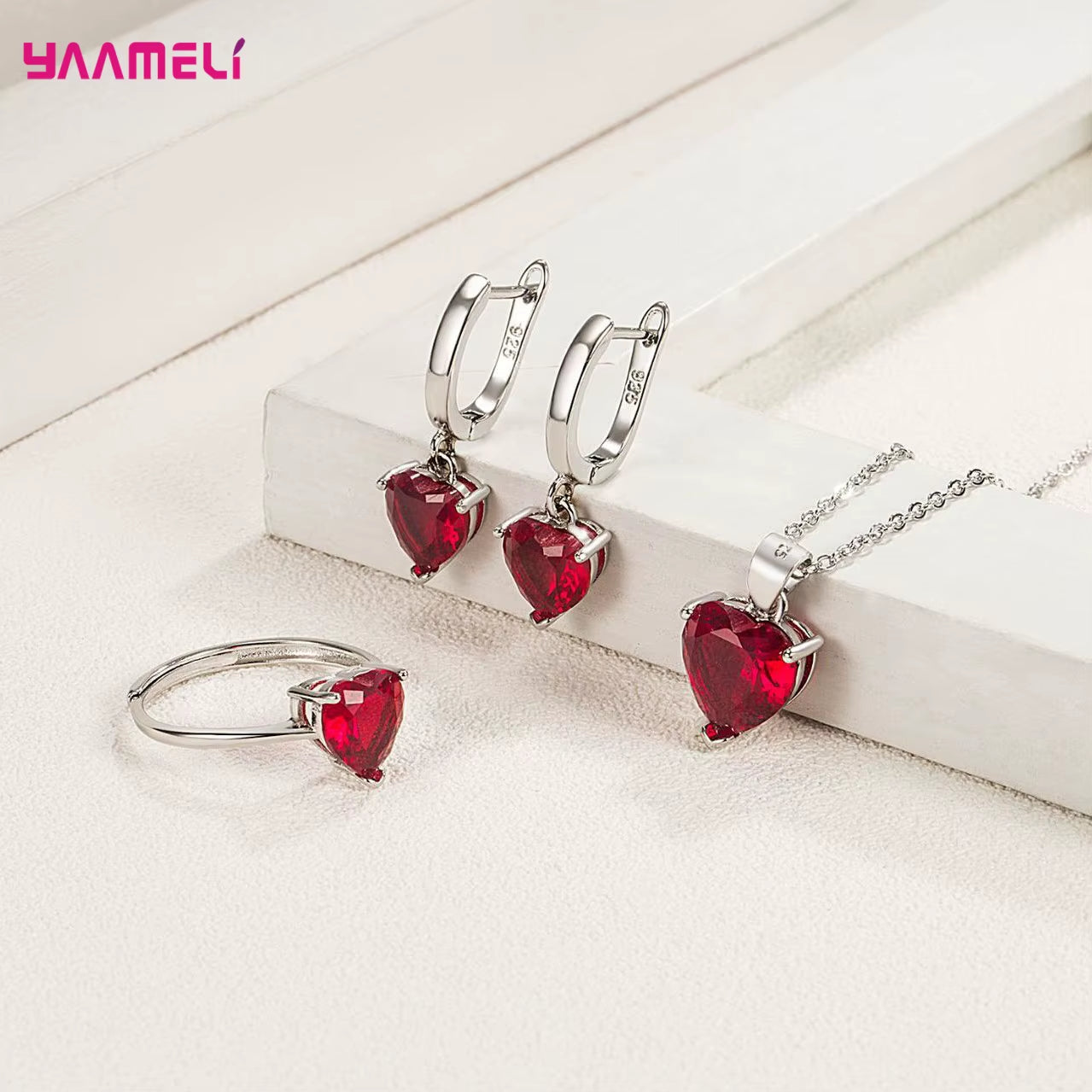 Fine 925 Sterling Silver Color Jewelry Gift Sets for Women Female Romantic Heart Zircon Huggie Earrings Pendant Necklace Ring
